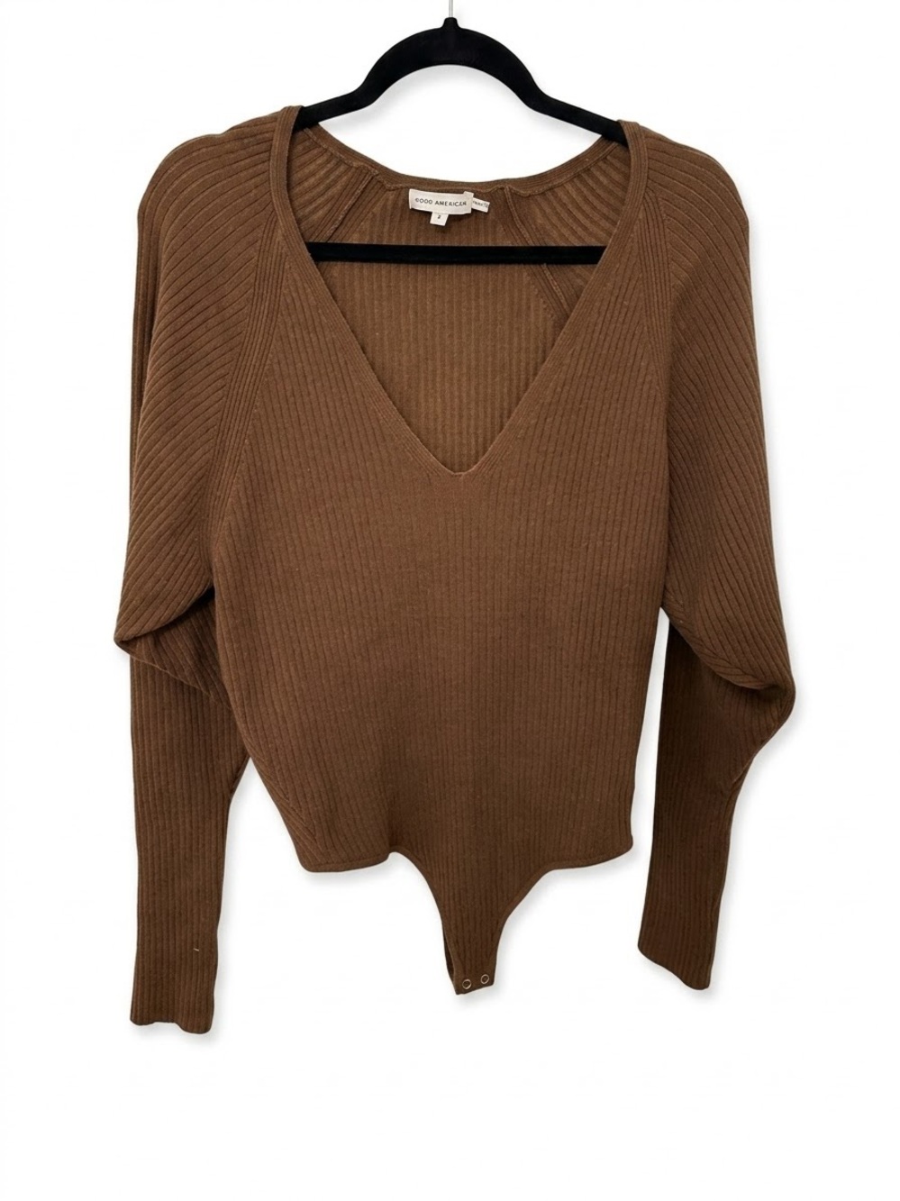 Good American Brown Ribbed V-Neck Bodysuit Sweater